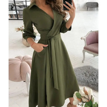 A-Line Wrap Summer Dress Long Sleeve V-Neck Dress Pocket Elegant Midi Party Dress