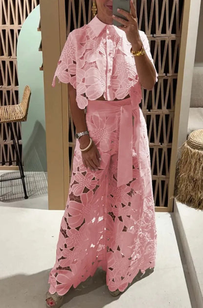 Lapel Single-breasted Shirt Top + Wide-leg Pants 2-piece Set Women Casual Hollow Suit
