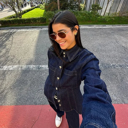 Street Denim Shirt Set Women Lapel Waist Up Long Sleeve Single Breasted Pocket Jacket Lady Jean Outfit set / M set / L pant / L set / M-set / L-pant / L-set / S-pant / S-pant / M-top / M-top / L-top / S-