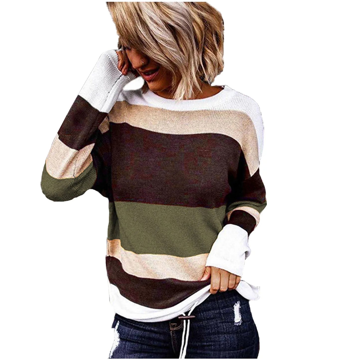 Plus Size Warm Sweater Round Neck Knitted Top Long Sleeve Color Block