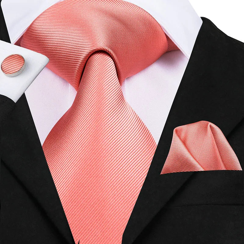 Coral 8.5cm Men's Ties Hanky Cufflinks Set Silk Tie For Men Pink Plaid Coral Luxury Wedding Party