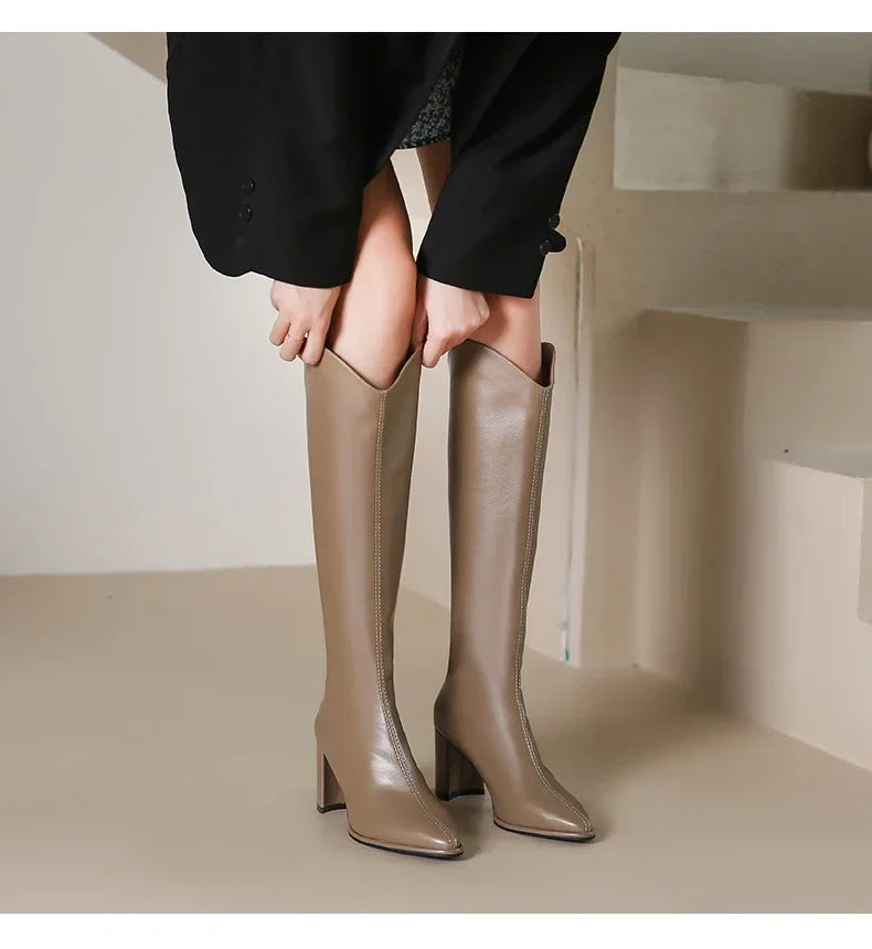 Zipper Thick High Heels Simple Thick High Heels Autumn Winter Boots Knee High