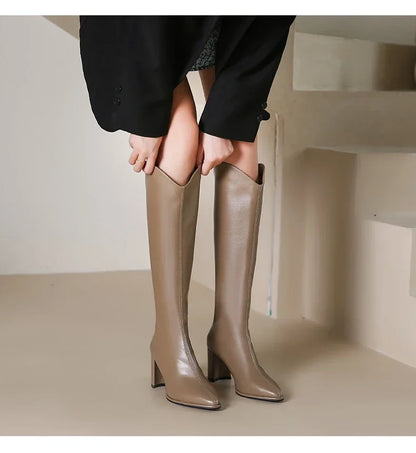 Zipper Thick High Heels Simple Thick High Heels Autumn Winter Boots Knee High