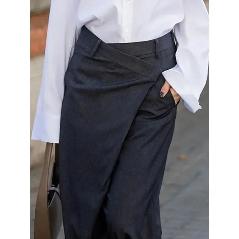 Office Lady Suit Pants High Waisted Wide Leg Floor-Length Urban Casual Commute Trousers For Women