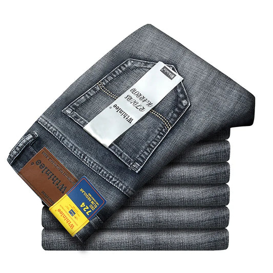 Men Classic Jeans Straight Regular Blue Stretch Denim Trousers Men's