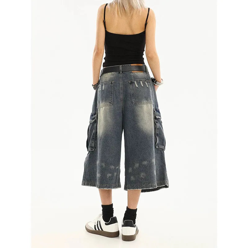American Style Women Vintage Washed Workwear Denim Shorts with Multiple Pockets Pleated Design Loose Drapey Seven-Foot Pants