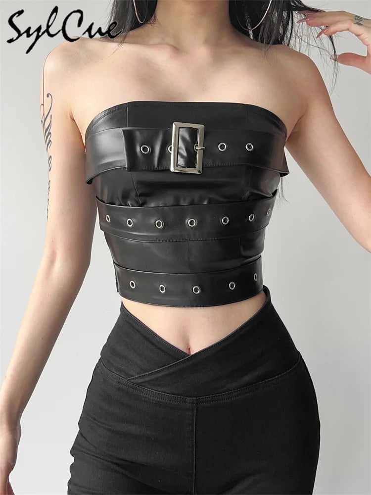 Retro Matte Black Mysterious All-Match Personality Fashionable Belt Chest Wrap Vest