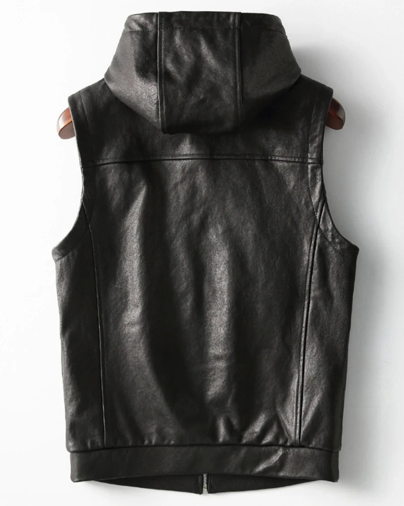 Mauroicardi Spring Autumn Luxury Elegant Cool Black Pu Leather Vest for Men with Hood Zipper Sleeveless Jacket Men Clothing 2023