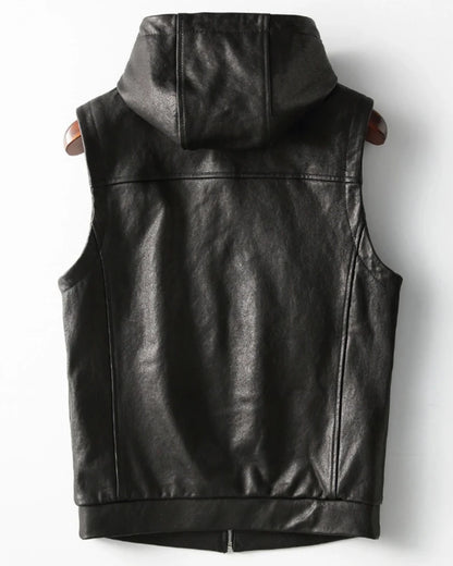Mauroicardi Spring Autumn Luxury Elegant Cool Black Pu Leather Vest for Men with Hood Zipper Sleeveless Jacket Men Clothing 2023