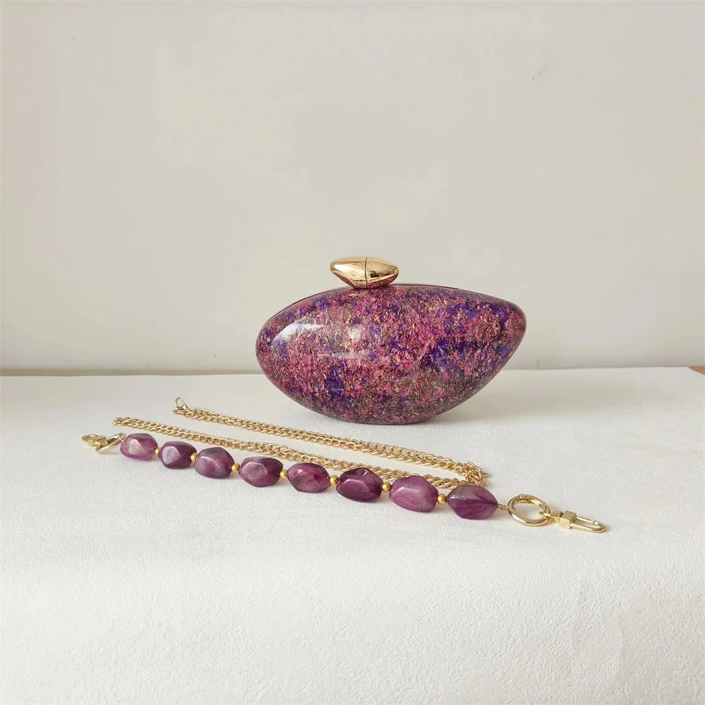 Shell Brand Pearl Brown Marble Acrylic Box Clutches Evening Bag Bridal Handbag