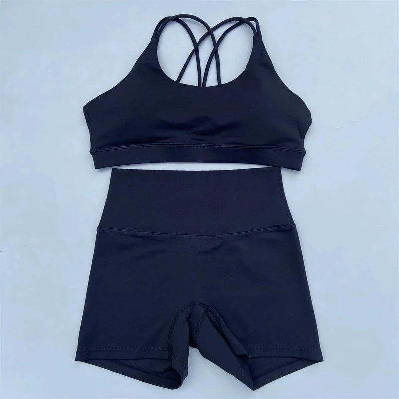 Solid Color Gym Bike Yoga Set Short Legging +Cross Sport Bra Tracksuit Athletic Women Gym Suit Comprehensive Training Jogging
