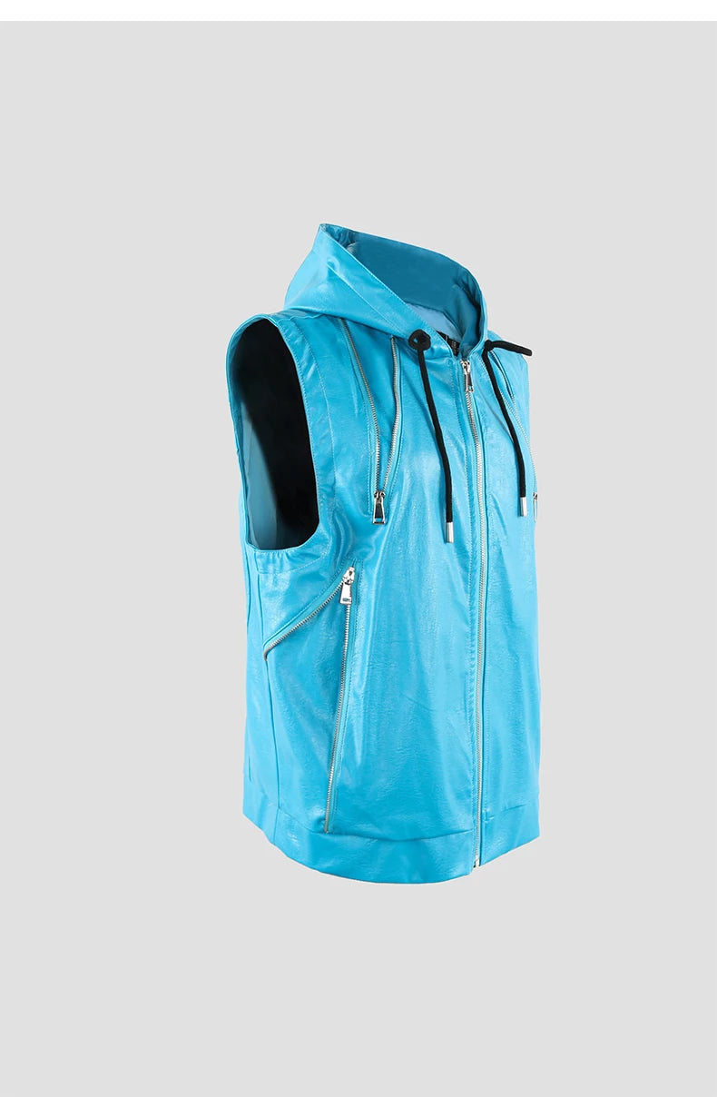 Mauroicardi Spring Autumn Luxury Elegant Cool Black Pu Leather Vest for Men with Hood Zipper Sleeveless Jacket Men Clothing 2023