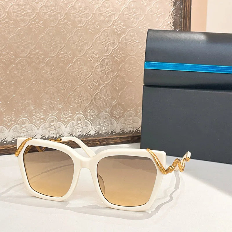 Big Square Alloy Sunglasses Gradient Designer Women Ladies Brand Gradient Uv400 Eyeglasses with Case