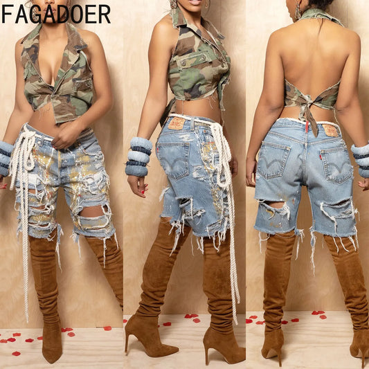 Hole Print Pants Casual High Waist Button Straight Jeans Summer Female