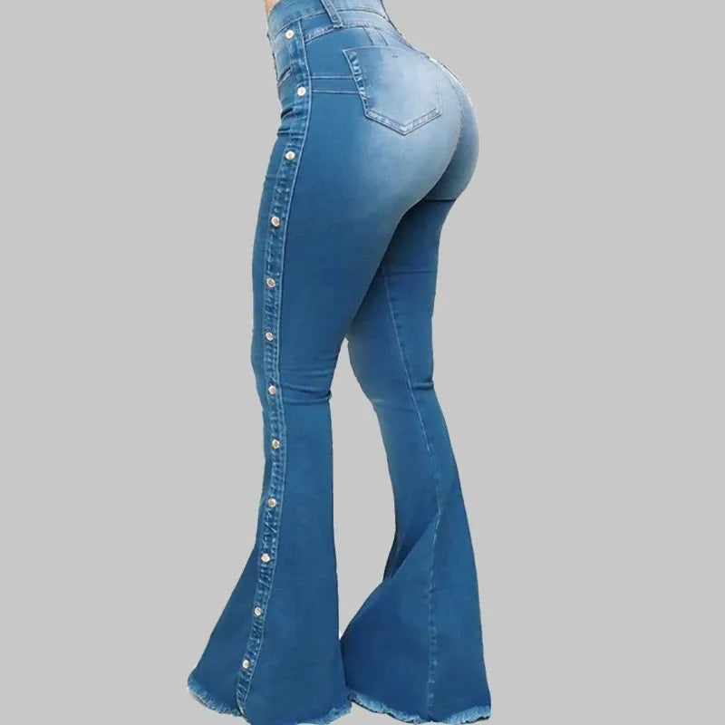High Waist Strecth Denim Flare Pants Female Floor Length