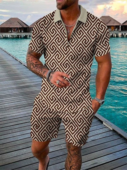 3D Print Men's Tracksuit Set Casual Zipper Collar Polo Shirt And Shorts 2pcs Sets Men Clothing Pullover