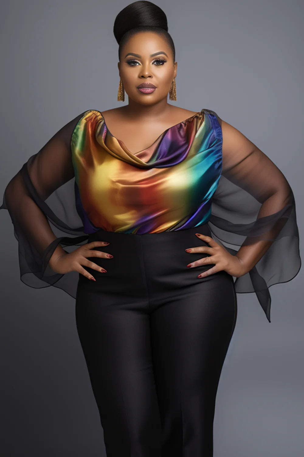 Casual Multicolor Gradient Cowl Neck Batwing Sleeve Long Sleeve See Through Ruffled Fold Chiffon Blouse
