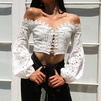 Elegant White Lace Blouse Shirt Cross Bandage Off Shoulder Long Sleeve Hollow Out Ladies Crop Top