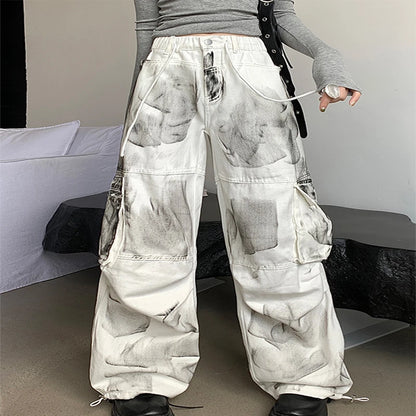 Women's White Cargo Jeans Baggy Vintage High Waist Cowboy Pants Harajuku Aesthetic Tie-Dyed Denim Trousers 90s Y2k Clothes 2024