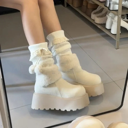 Thick Bottom Warm Anti-Slip Cotton Snow Boots Women's Winter Fleece Lined Booties Non-Slip Rubber Sole Ankle Boots