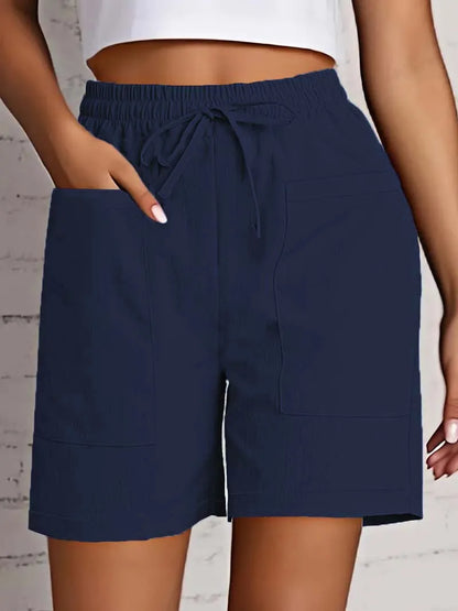Summer New Women's Solid Color Pocket Loose High Waist Casual Fashion Quarter Shorts