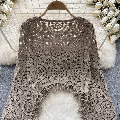 Casual Loose Knitting Top O Neck Hook Flower Hollow Long Sleeved Tassel Design Fashion French Vintage Blouse