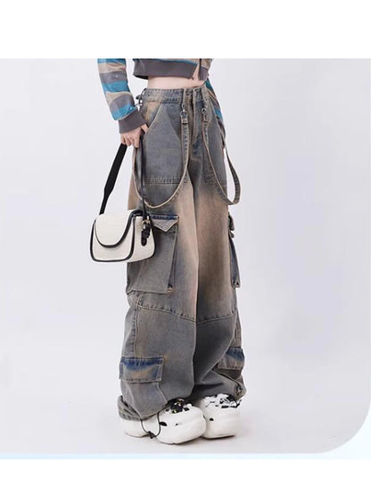 Women Blue Oversize Cargo Jeans Harajuku Vintage Baggy Y2k Denim Trouser 90s Aesthetic Wide Jean Pants 2000s Trashy Clothes 2024