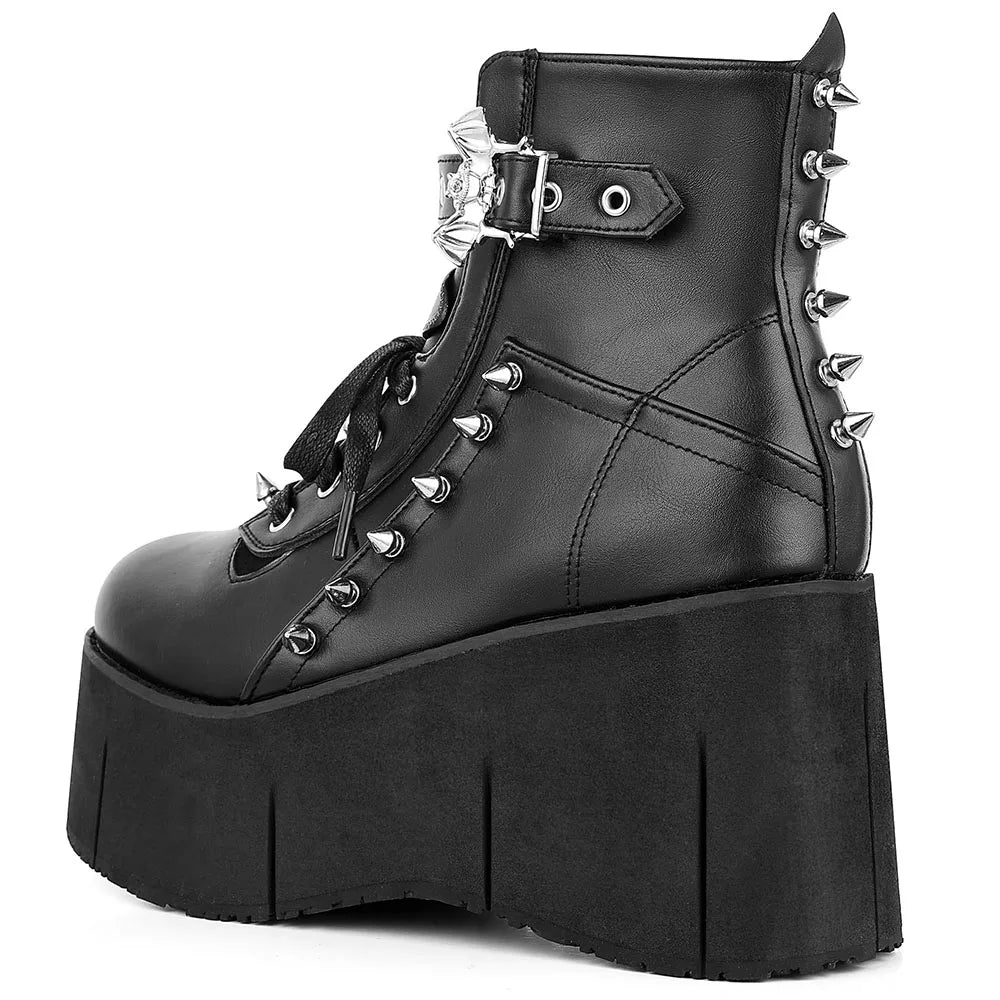 GIGIFOX Goth Punk Stylish High Platform Ankle Boots For Woman High Wedges Heel Side Zipper Round Toe Metal Rivet Punk Girl Boots