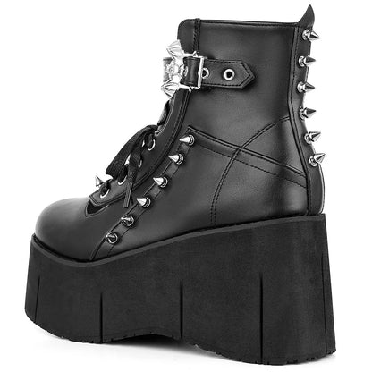 GIGIFOX Goth Punk Stylish High Platform Ankle Boots For Woman High Wedges Heel Side Zipper Round Toe Metal Rivet Punk Girl Boots