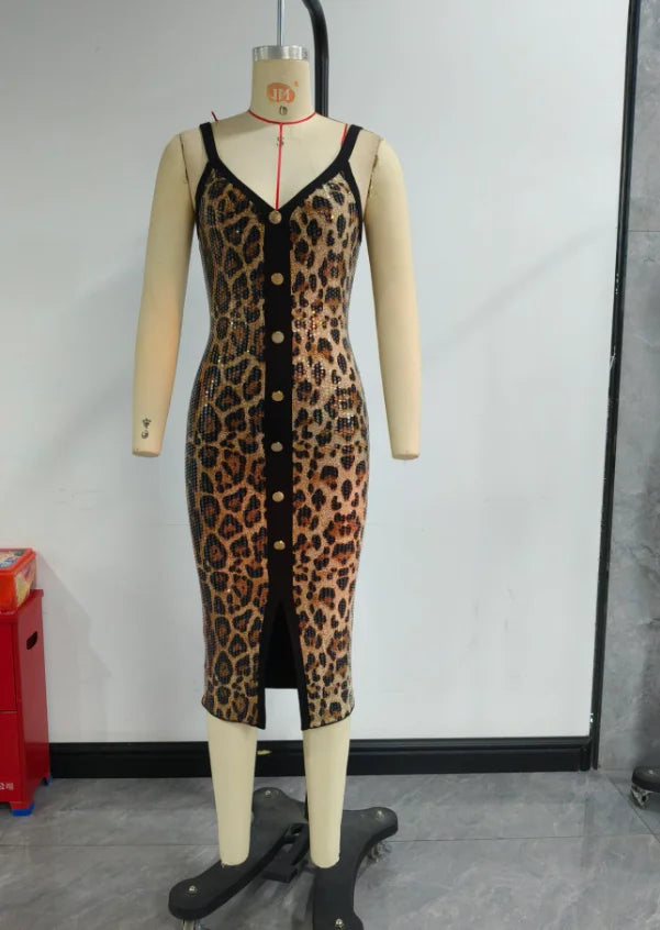 Leopard Print V-Neck Sleeveless Casual Button Design Slit Skinny Daily Midi Dress