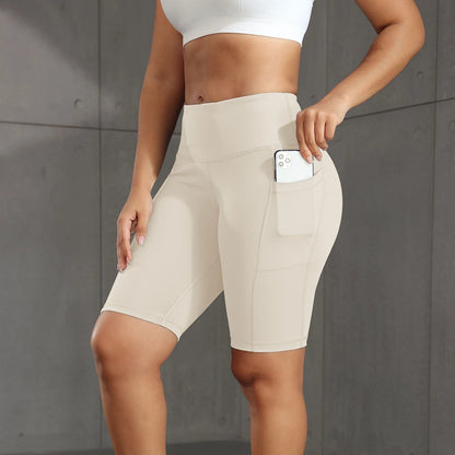 Solid Yoga Shorts with 3 Pockets High Waist Butt Lifting Elastic Cycling Shorts Activewear