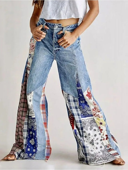 High Waisted Wide Leg Jeans Casual Patchwork Retro Y2K Pants Trousers