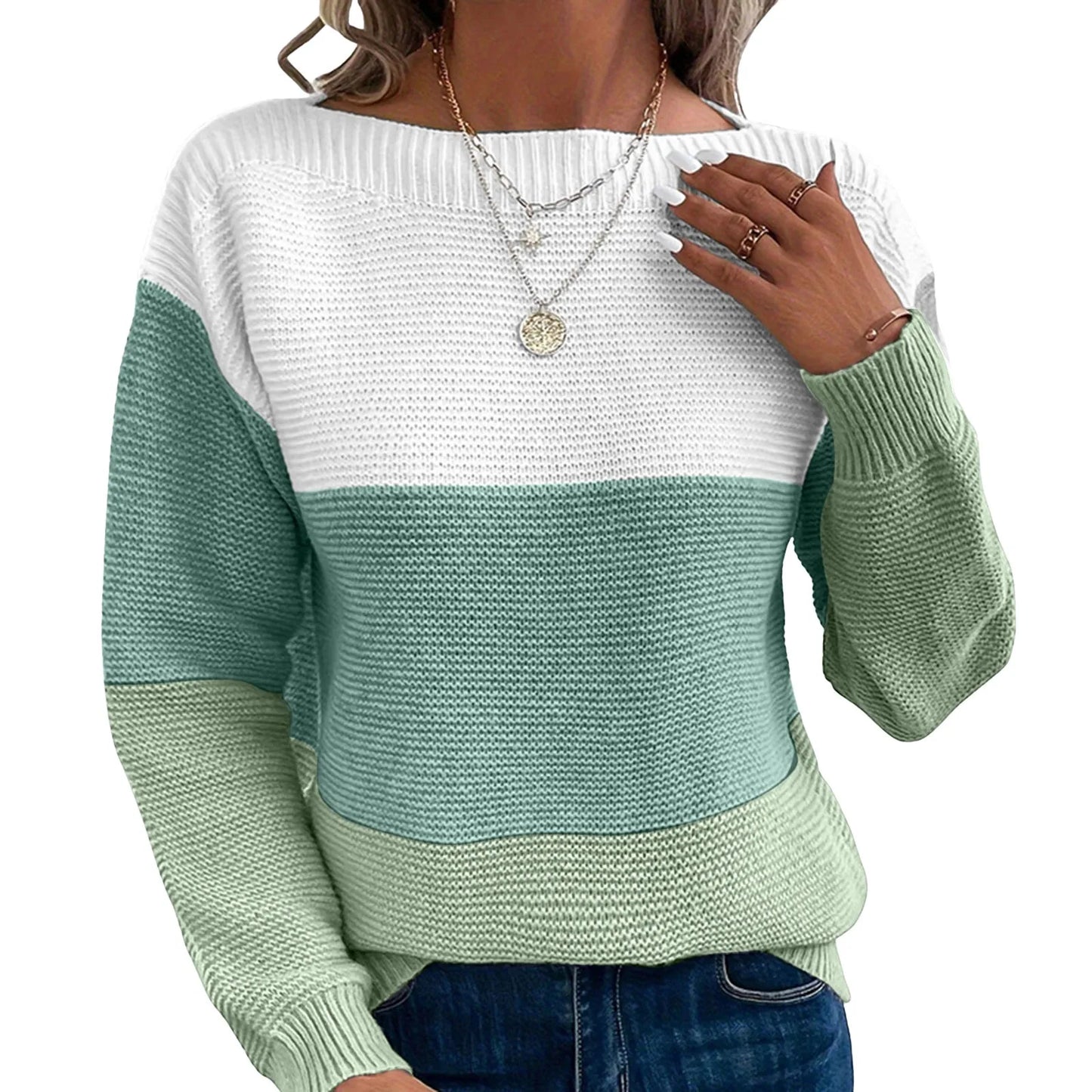 Dressy Sweater For Women Patchwork Color Block Long Sleeve Bateau Neck Elegant Pullover