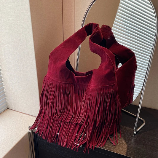 Faux Suede Shoulder Bag Frosted Fringe Handbag Satchel Purse Clutch Retro