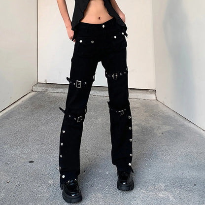 Gothic Punk Style Black Jeans Woman Streetwear Metal Buckle Hem Slit  Flare Pants for Women Y2K Vintage Straight Flared Pants