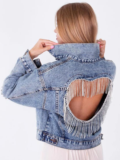 Denim Jacket Female Light Blue Diamond Tassel Coat Single-Breasted Open Back Women Jeans Coat