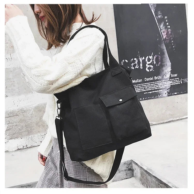 Fashion Canvas Bags Students Handbag Shoulder Bag Large Capacity Solid Color Totes Shopper Bag Casual Female CrossBody 2024