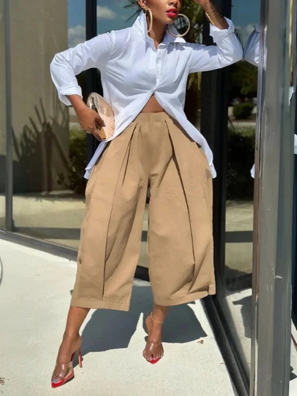 Women's Solid Color Cotton Blend Cropped Pants Casual Loose High-Waisted Wide Leg Trousers