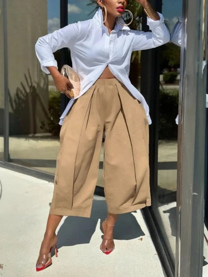 Women's Solid Color Cotton Blend Cropped Pants Casual Loose High-Waisted Wide Leg Trousers