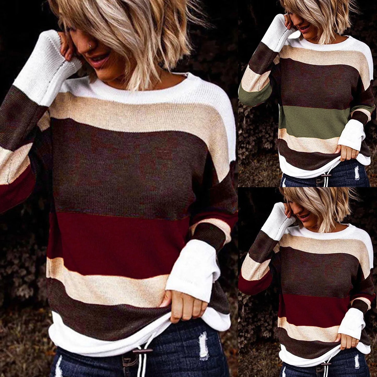 Plus Size Warm Sweater Round Neck Knitted Top Long Sleeve Color Block