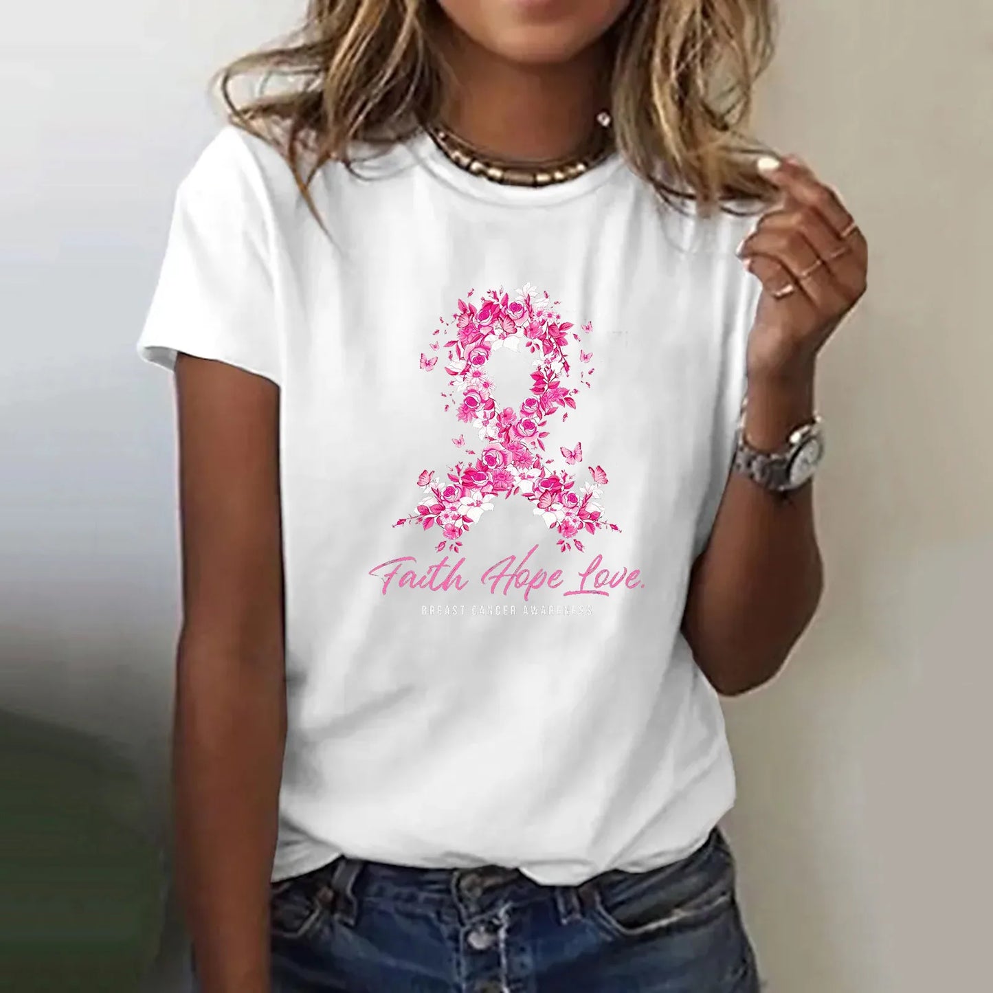 Ribbon Petal Print Pink October T-shirt Breast Cancer Awareness Graphic Short Sleeve