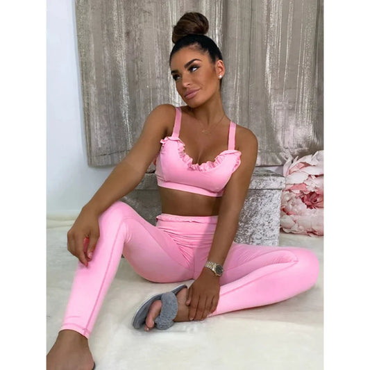 Solid Color Wood Ear Bra & Hip-Lifting High Waist Leggings Pants Fitness Yoga Two Pieces Set