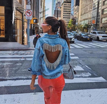 Denim Jacket Female Light Blue Diamond Tassel Coat Single-Breasted Open Back Women Jeans Coat