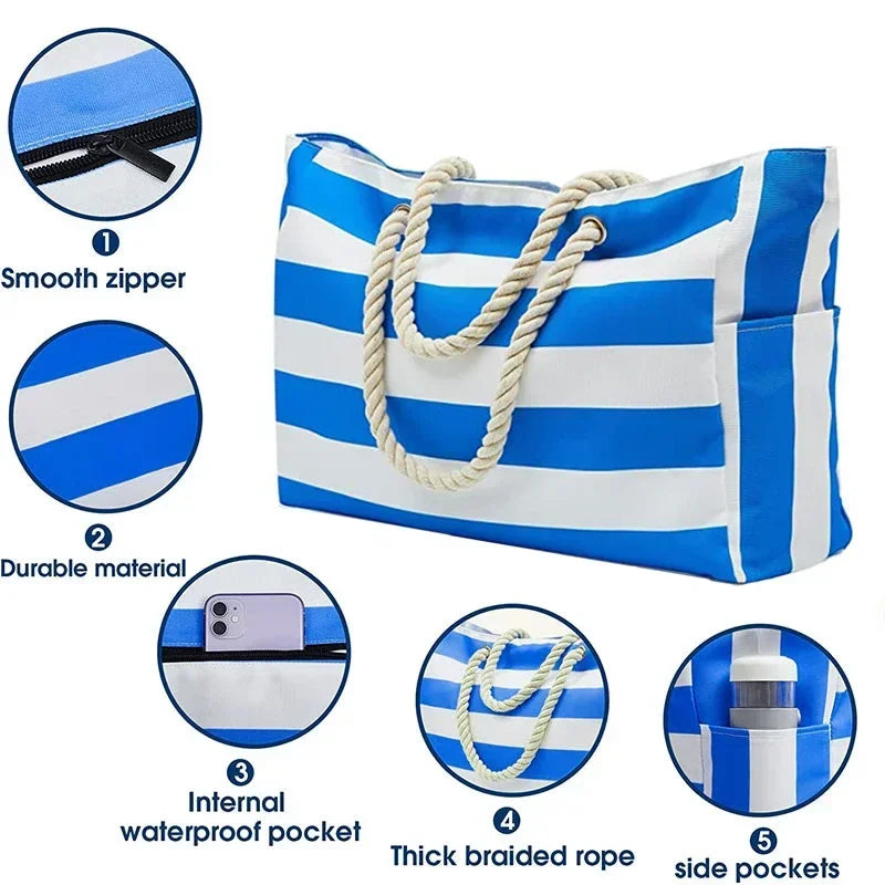 Large Waterproof Beach Tote Bag with Zipper Shoulder Bags Waterproof Sandproof Swim Pool Bag Large Tote