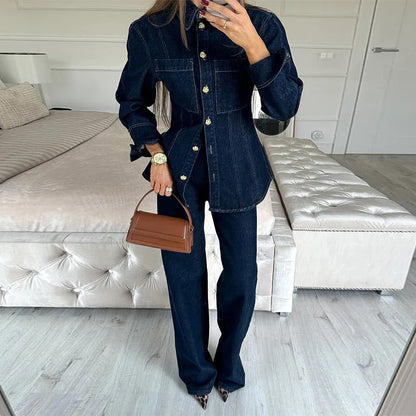 Street Denim Shirt Set Women Lapel Waist Up Long Sleeve Single Breasted Pocket Jacket Lady Jean Outfit set / M set / L pant / L set / M-set / L-pant / L-set / S-pant / S-pant / M-top / M-top / L-top / S-