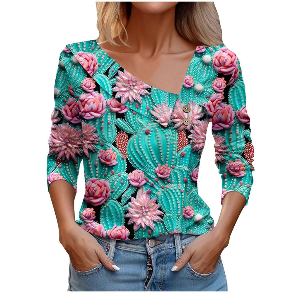 T Shirt For Women Fashion Long Sleeve Top White Floral Print Shirt