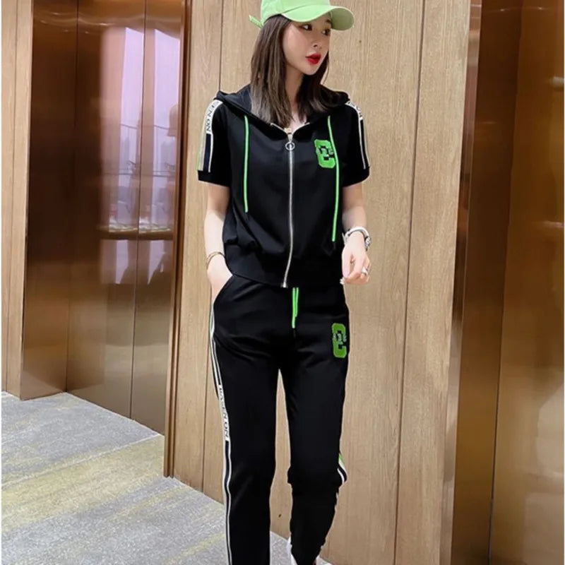 Women's Fashion Tracksuit Casual Suit Short Sleeve Hooded Top Pants Two Piece Set For Women