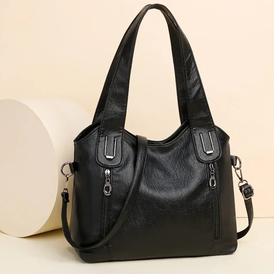 Solid Color Handbag Soft Leather Tote Bag Casual Big Shoulder Messenger Bags