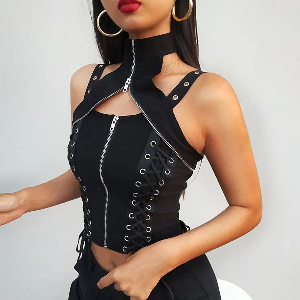 Lace Up Bandage Cropped TopCamisole Gothic Vest T-Shirt Hollow Out Zipper