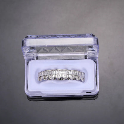 Baguette Teeth Grillz Set For Unisex Top Bottom Iced Out Cubic Zircon Stone Brass Material Hip Hop